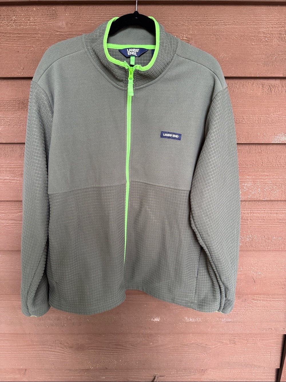 Lands' End Olive Fleece Pullover with Neon Green Trim size XL